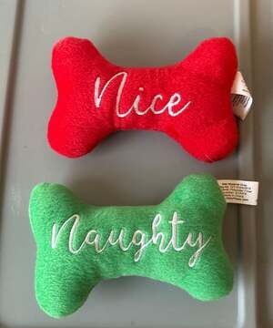 More & Merrier Christmas "Naughty & Nice" Plush Squeaky Bone Dog Toy